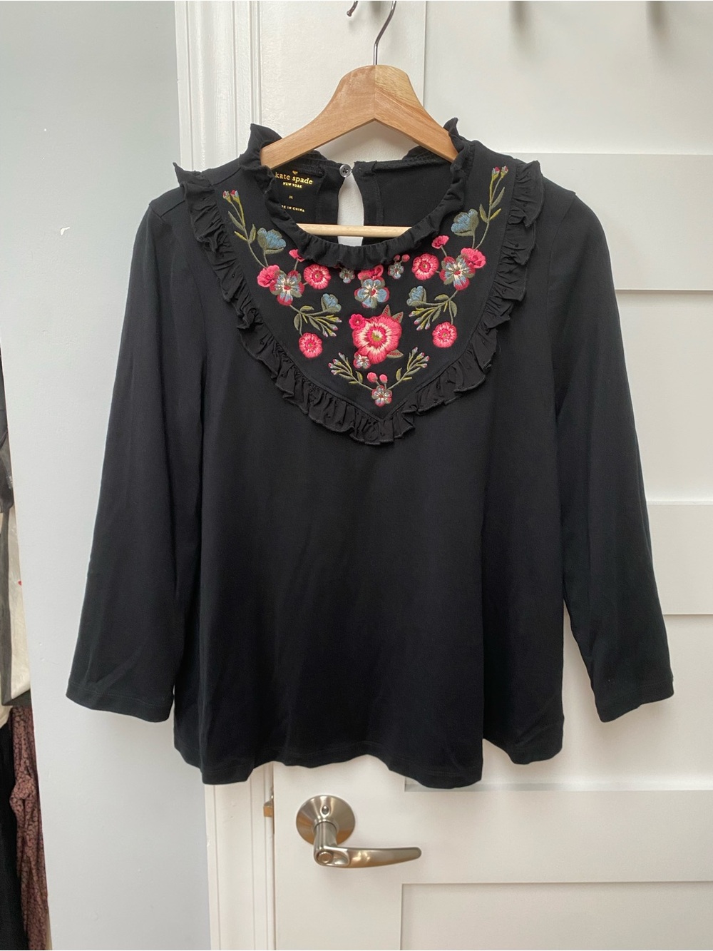 kate spade Black Floral Embroidered Ruffle Yoke Long Sleeve Top